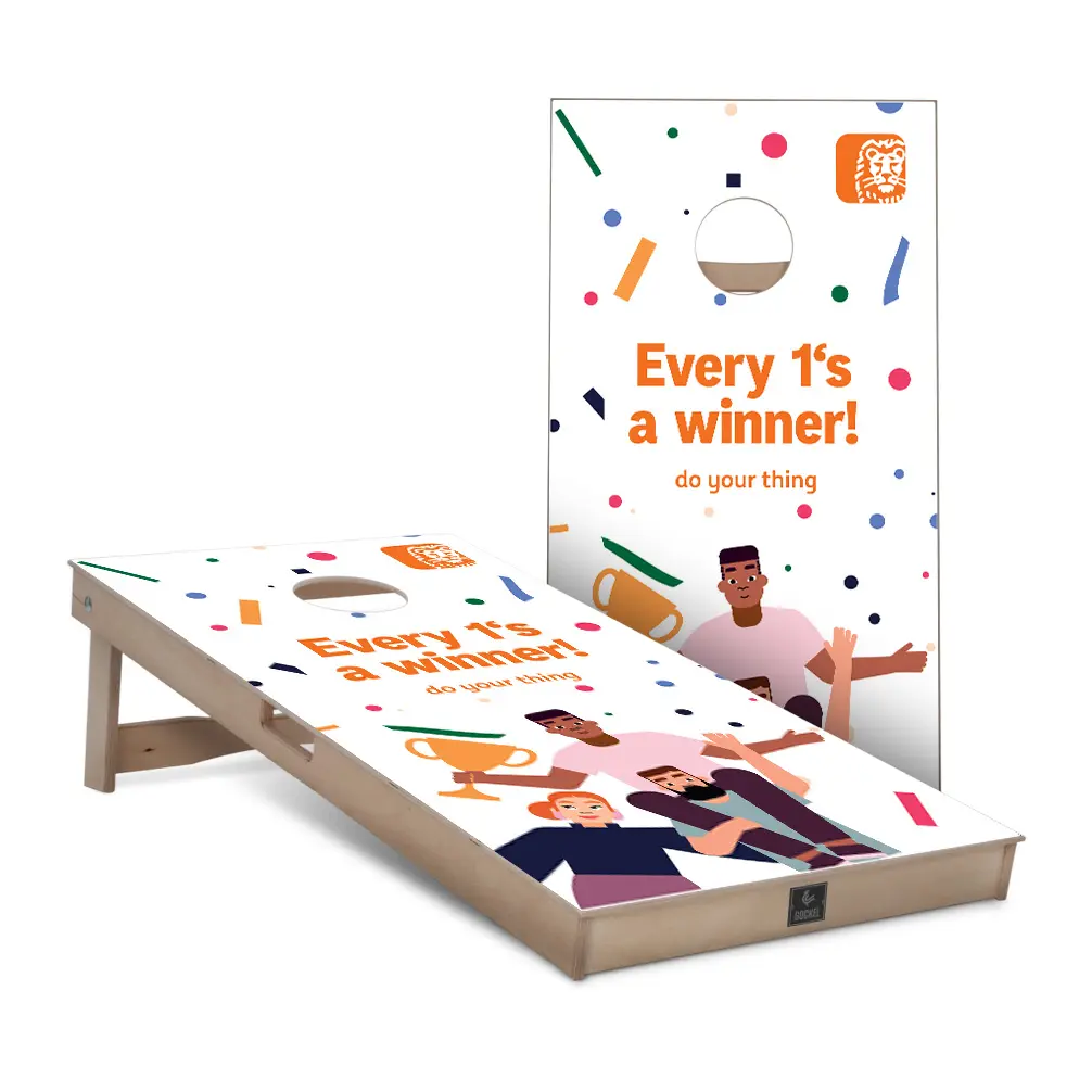 ING Bank - custom cornhole game set with company logo, ideal as a personalised business gift.