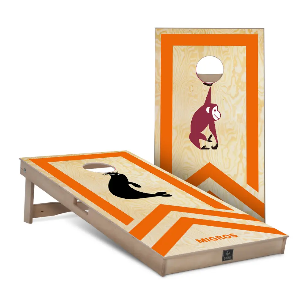 Migros - custom cornhole game set with company logo, ideal as a personalised business gift.