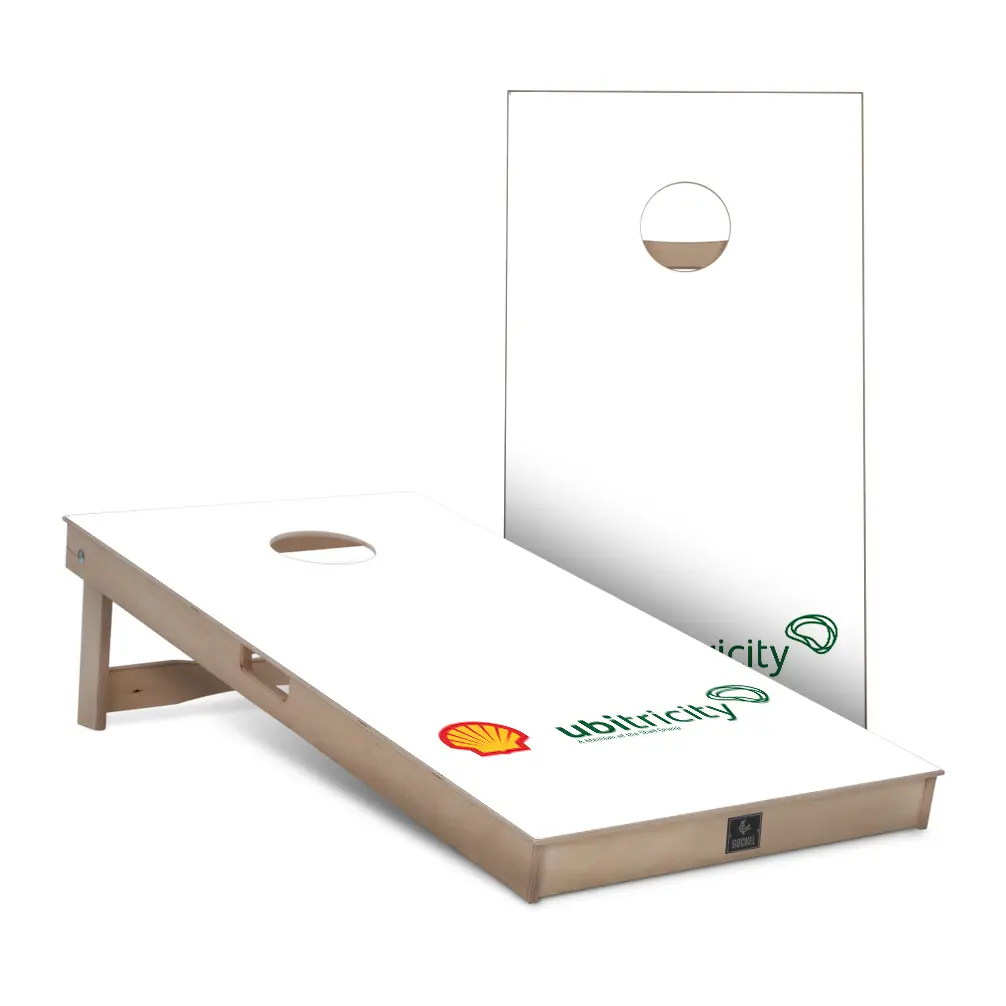 Shell - custom cornhole game set with company logo, ideal as a personalised business gift.