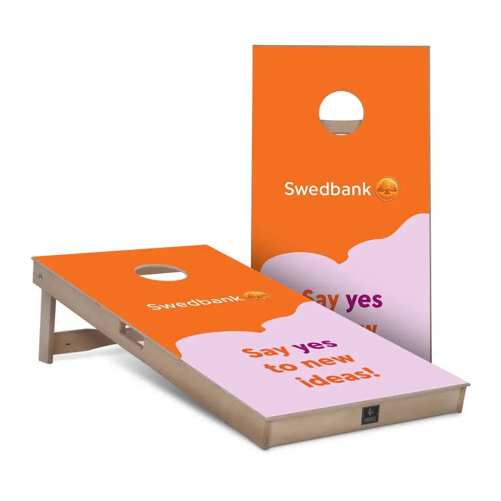 Swedbank - custom cornhole game set with company logo, ideal as a personalised business gift.